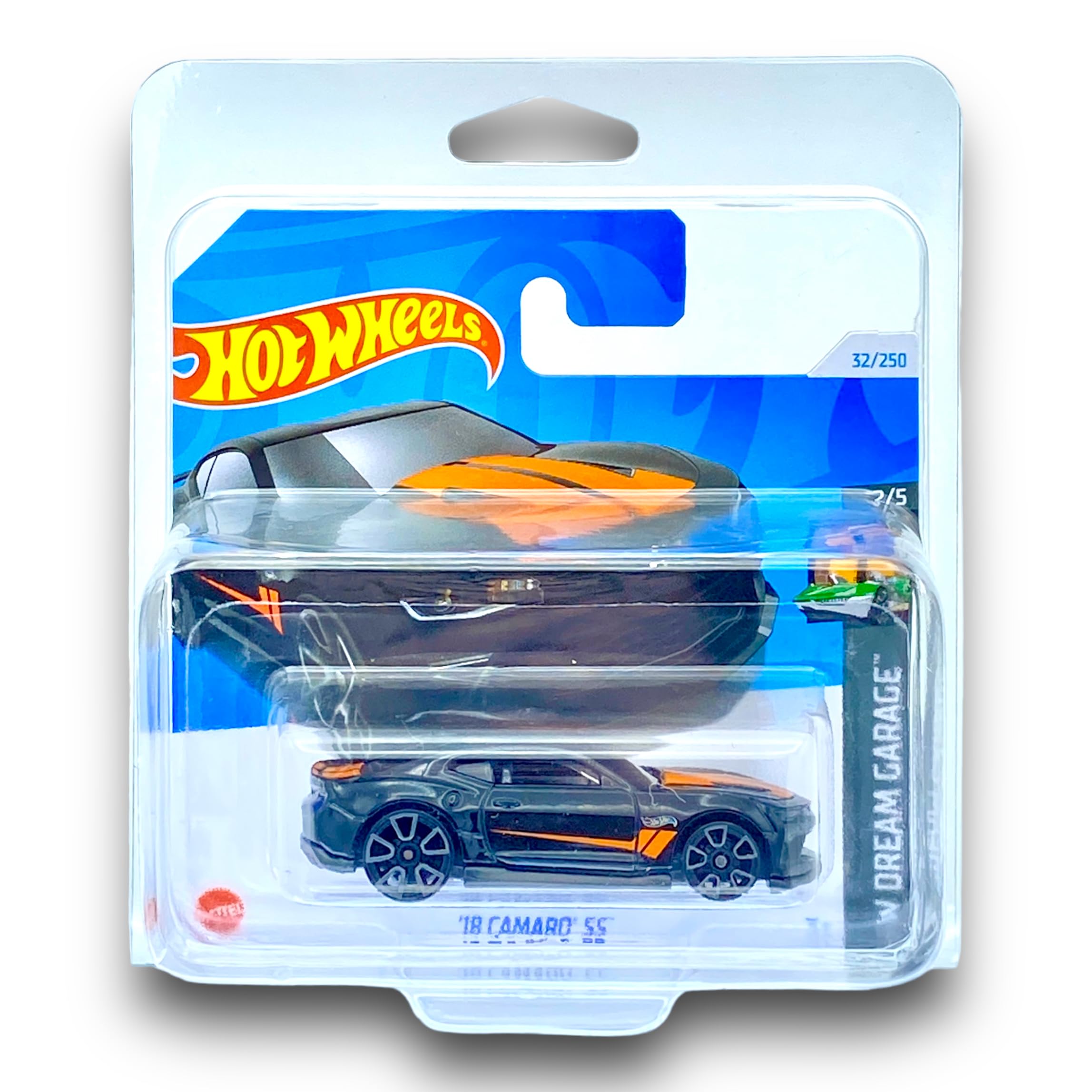 Hot Wheels '18 Camaro SS (Black & Orange) 2/5 HW Dream Garage - 2024-32/250 (Short Card) - COMES IN A KLAS CAR KEEPER SHORT CARD PROTECTOR CASE - HTB50