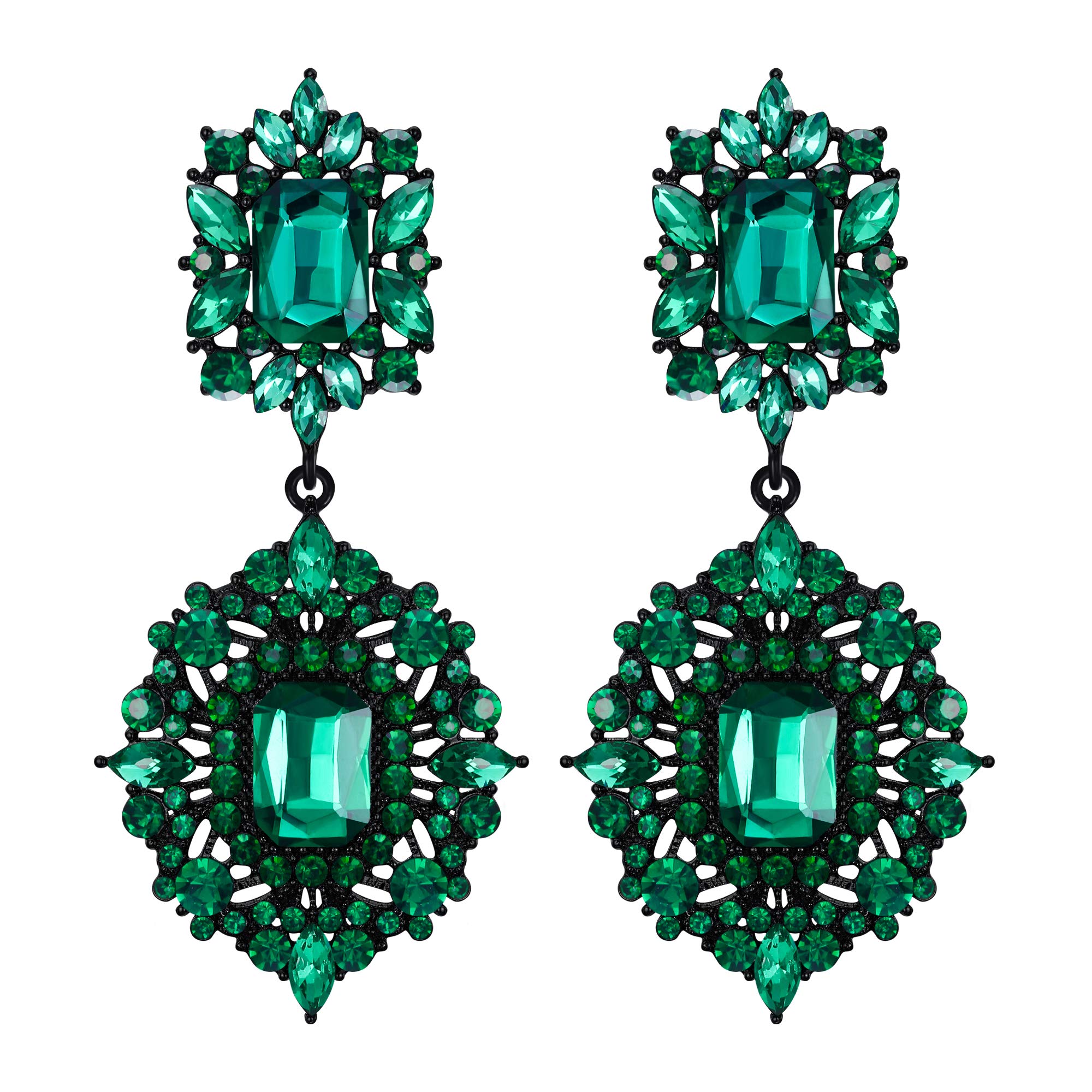 EVER FAITH Green Rhinestone Dangle Earrings, Vintage Crystal Art Deco Gatsby Costume Statement Earrings for Women Girls Black-Tone