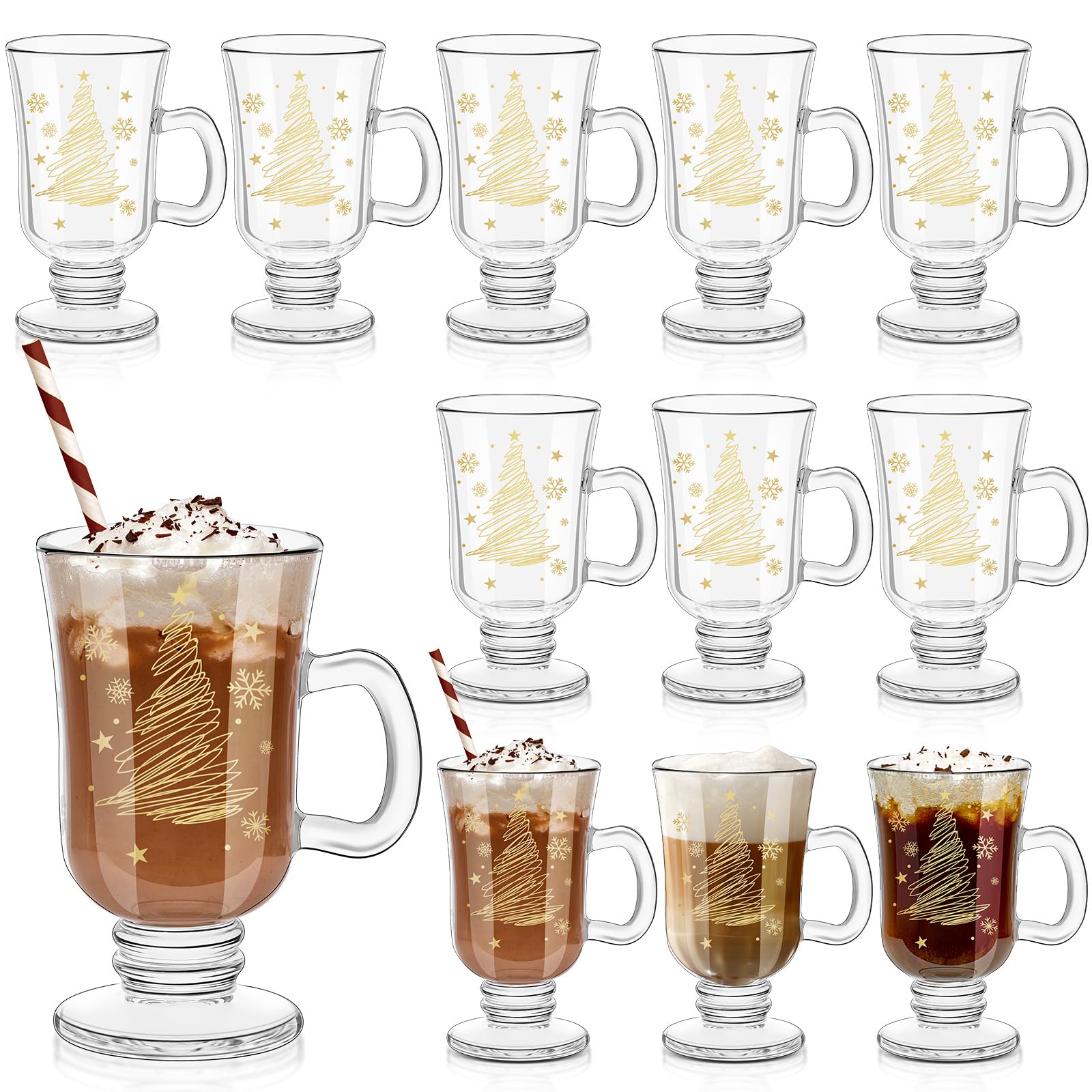Photo 1 of Sliner Set of 12 Christmas Snowflake Glass Coffee Mugs with Handle, 8 oz Clear Irish Footed Coffee Glasses Mugs Winter Holiday for Beverages Latte Hot Chocolate(Christmas Tree)