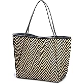 HOXIS Oversized Beach Tote with Vegan Leather Trim Women Shoulder Handbag