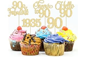 Gyufise 30Pcs 90th Birthday Cupcake Toppers 90 Fabulous Cupcake Picks Cheers to 90 1935 Cake Decorations for Happy 90th Birthday Wedding Anniversary Party Decoration Supplies Gold