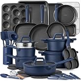 CAROTE 49pcs Pots and Pans Set, Nonstick Cookware Set with Bakeware | Induction Kitchen Set with Silicone Lids, Easy Food Release, All-Stovetop Compatible, with Knife Set, Blue