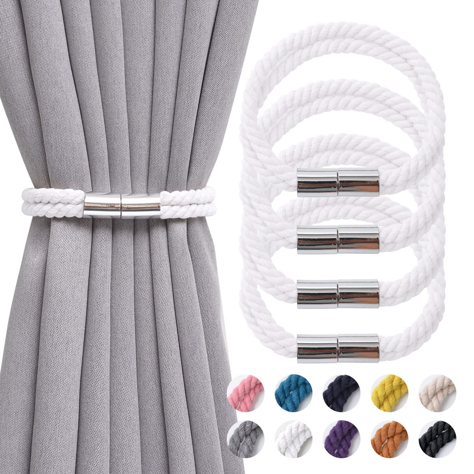 Pretty Jolly 4 Pack Strong Magnetic Curtain Tiebacks Boho Decoration Drape Tie Backs Natural Cotton Handmade Double Rope Curtain Holdbacks for Thin or Thick Home & Office Window Drapery (White)