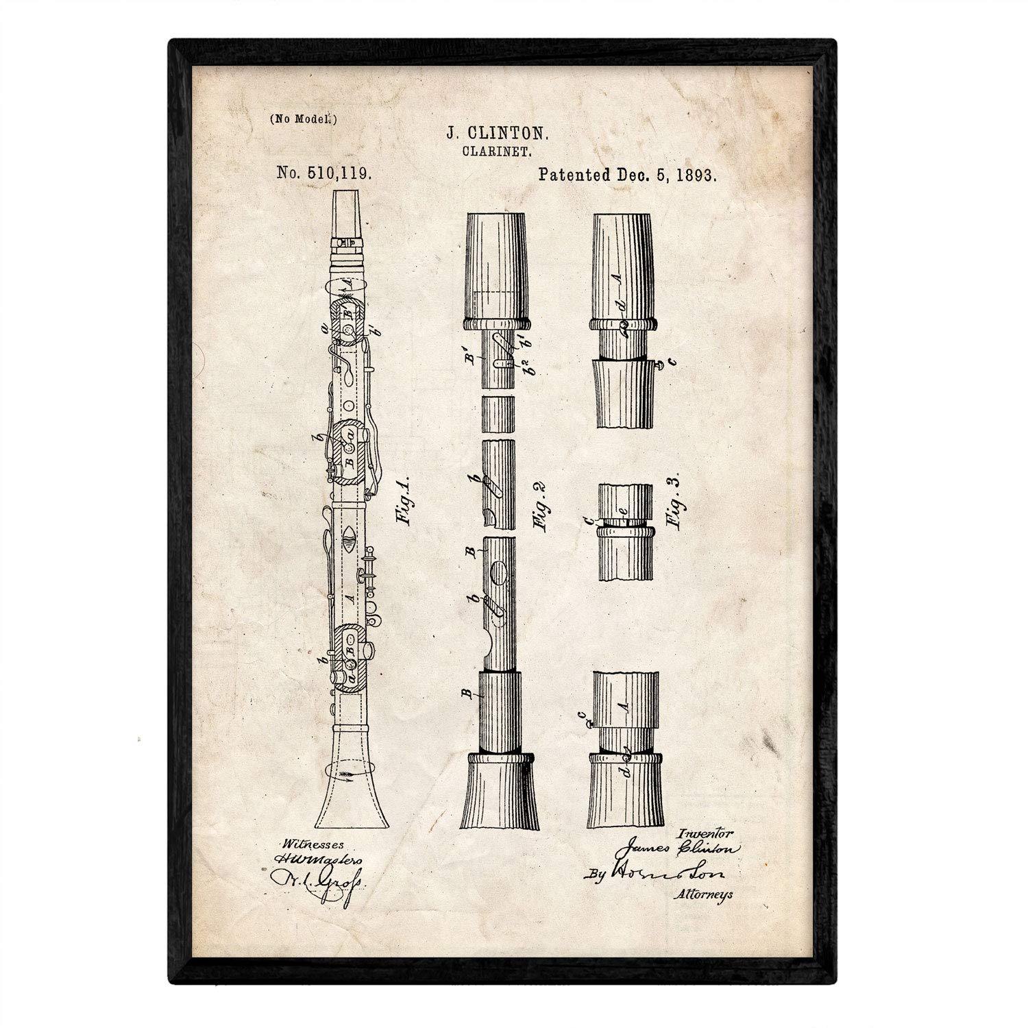 Nacnic Poster patent clarinet. Sheet with old design patent in A3 size and vintage background — image 1