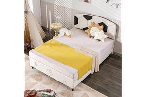 ZAFLY Full Size Bed Frame for Kid, Kid Bed Frame with Faux Leather Headboard, Strong Wood Slats, Boy Bed Frame, Kids Bed for Child Kids Bedroom Apartment, No Box Spring Needed, Low Bed Edge（Football）