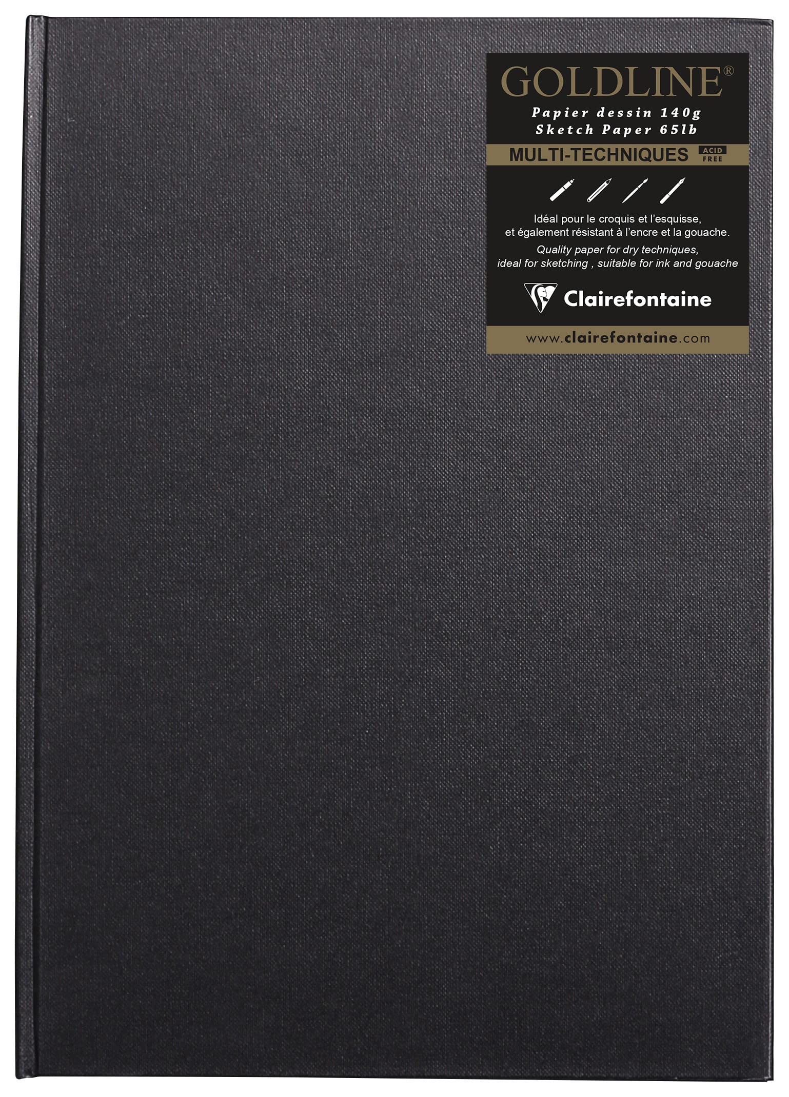 Clairefontaine - Ref 34243C - Goldline Casebound Pad (64 White Sheets) - A4 (297 x 210mm) Size, 140gsm Paper, Portrait Layout - Black Cover - Suitable for Dry Techniques