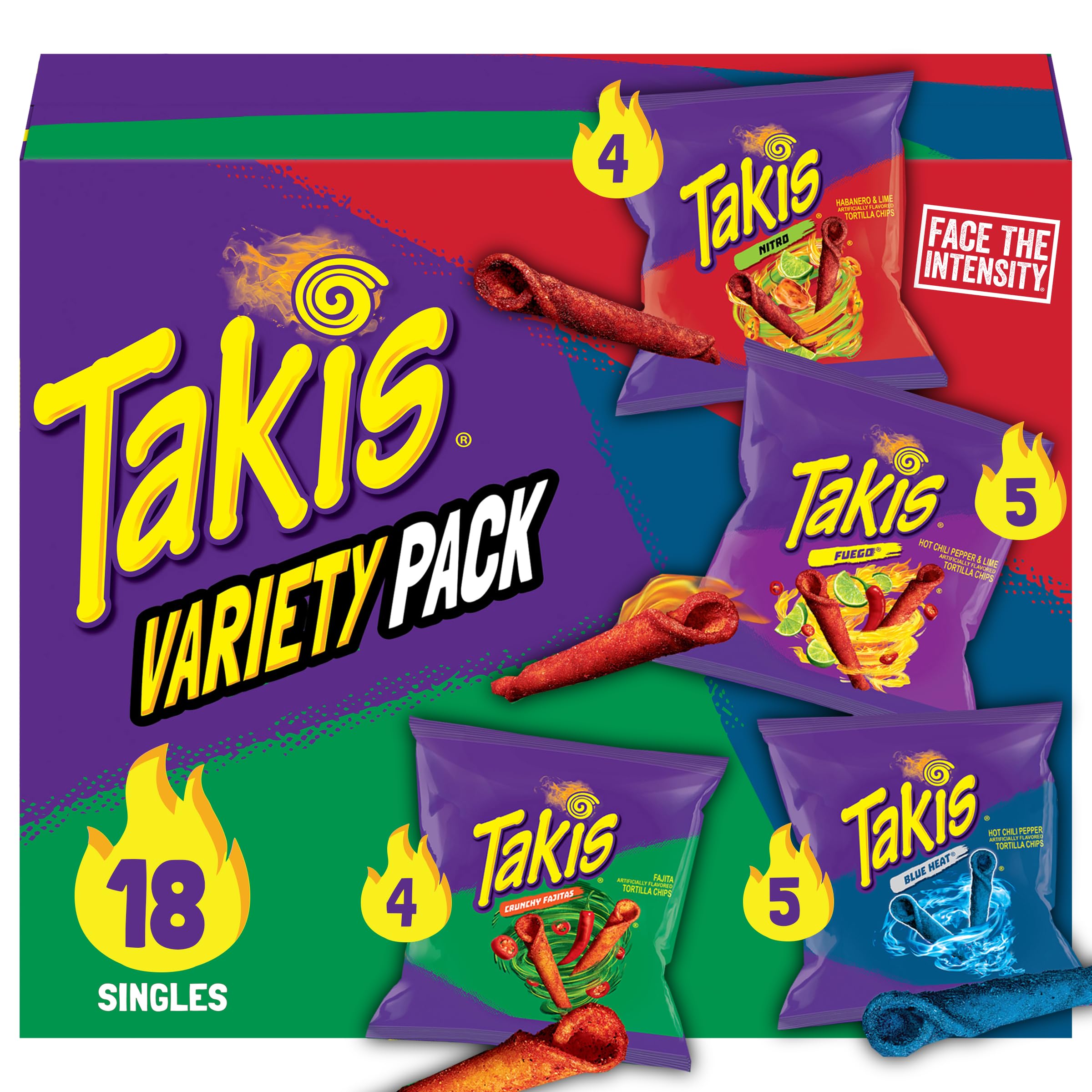 Photo 1 of Takis 18 pc / 1 oz Variety Pack, Assorted Flavored Mixed Rolled Tortilla Chips – (5) Fuego 1 oz, (5) Blue Heat 1 oz, (4) Nitro 1 oz, (4) Crunchy Fajitas 1 oz