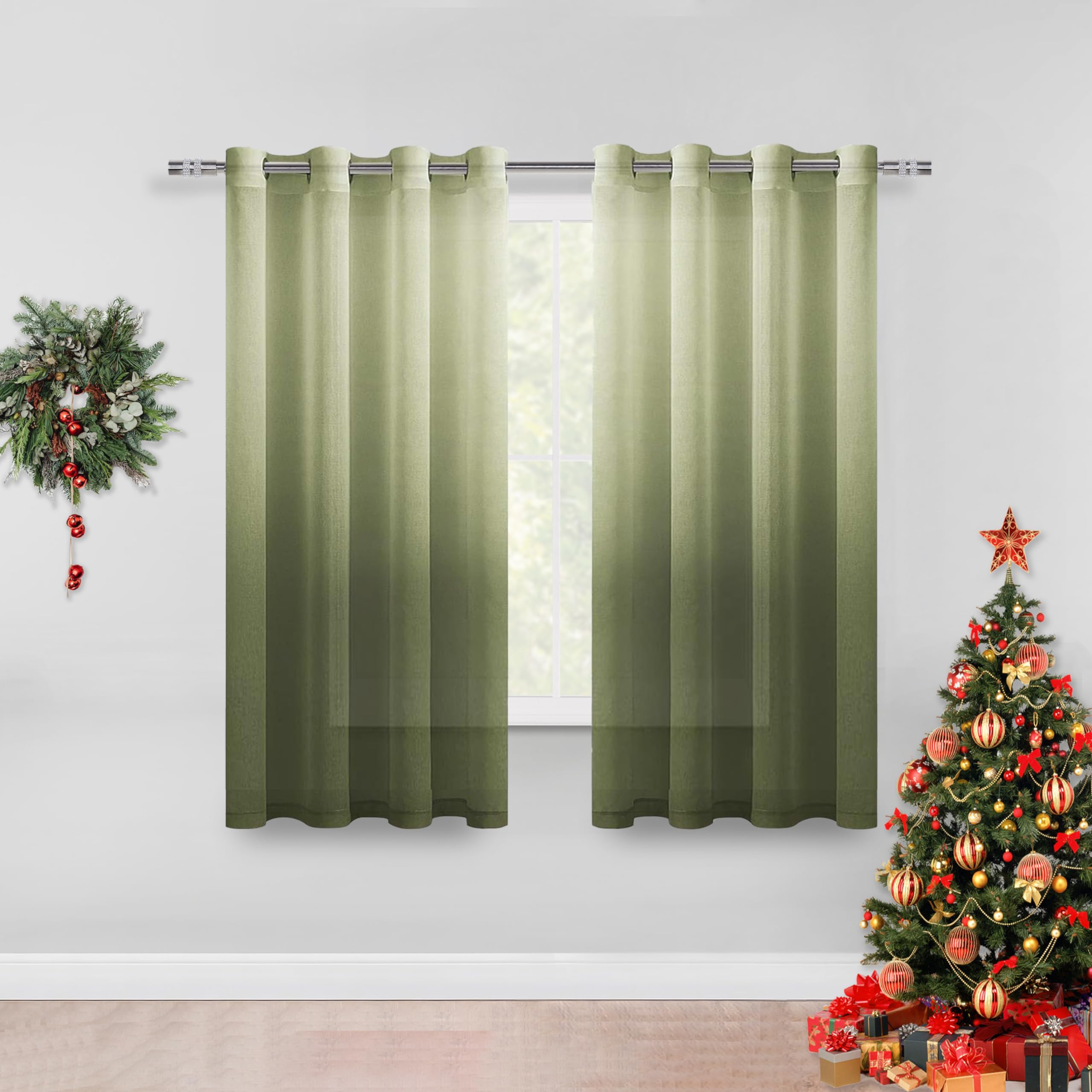 DWCN - Gradient Faux Linen Sheer Curtains Eyelet Top for Bedroom Living Room Set of 2 Panels 52x63 Drop Olive Green