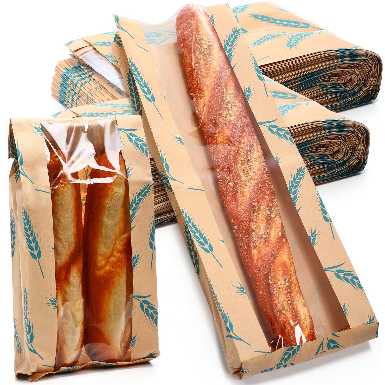Photo 1 of Affrolling 100 Pcs French Bread Bags Bulk with Window for Homemade, 18 x 6.5 x 2 Inch Long Paper Bags for French Bread for Bakery Storage Brown Kraft Loaf Biscuits Packaging (Brown Blue)