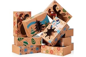 JOYIN 12 Foiled Kraft Christmas Cookie Boxes with Window 8.5" x 5.75" x 2.75", Treat Boxes with 3 Designs for Pastries, Cupca