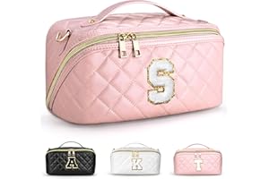 TOPEAST Personalized Makeup Bag Gifts for Women, Open Flat Travel Makeup Bag Initial Cosmetic Bag Cute Make Up Pouch Toiletry Bag Organizer with Handle, S