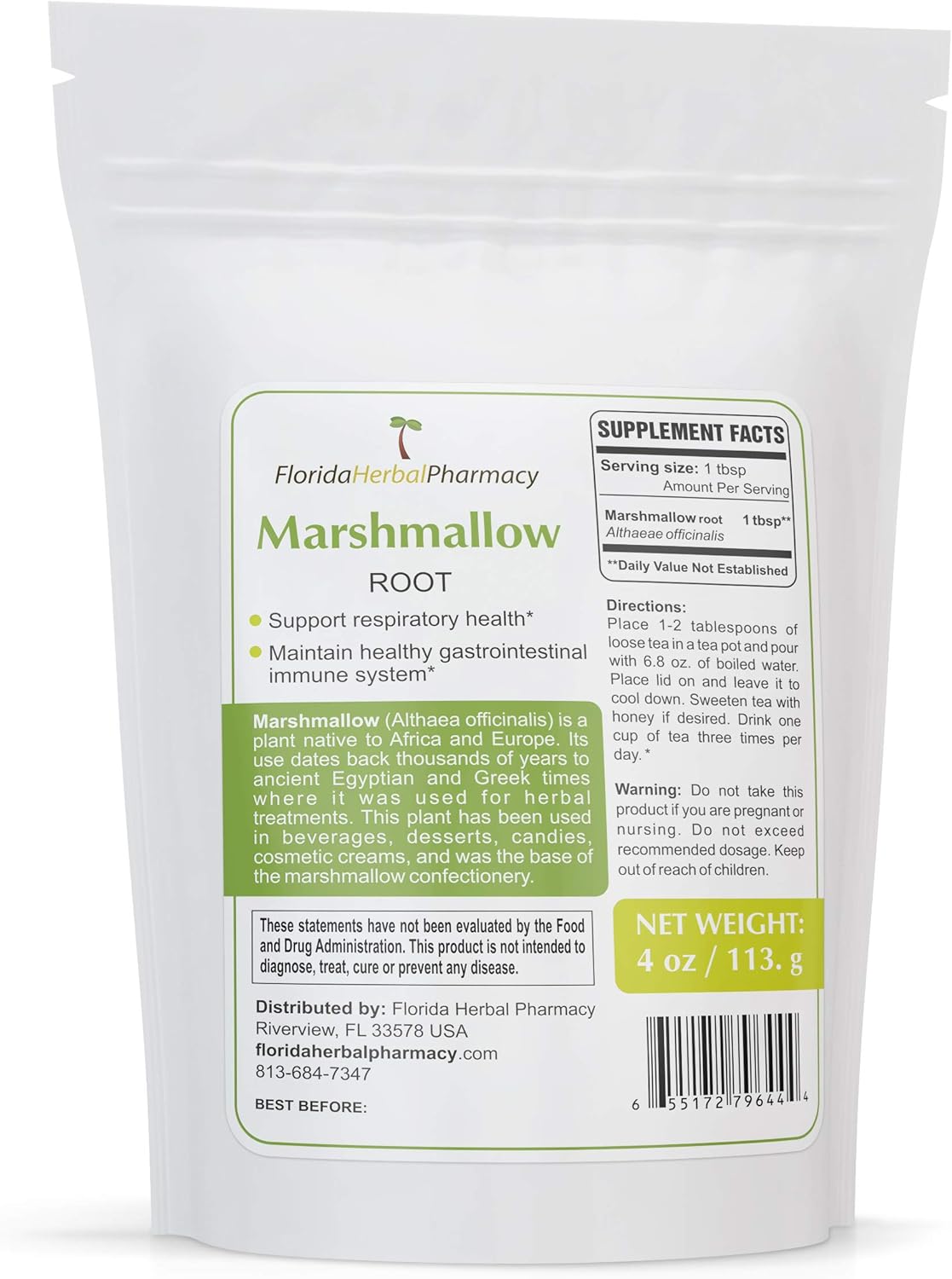 Florida Herbal Pharmacy, ORGANICALLY Grown Marshmallow Root (Althaeae officinalis) 4 oz.