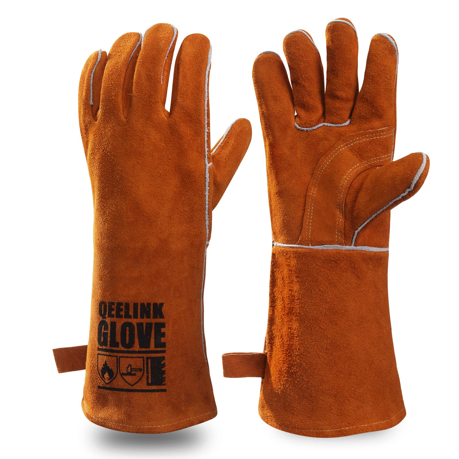 QeeLink Welding Gloves - Heat & Wear Resistant Lined Leather and Fireproof Stitching - For Welders/Fireplace/BBQ/Gardening (Brown, Extra Long (16-Inch))