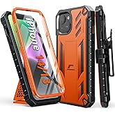 FNTCASE for iPhone 14/13 Case : with Belt-Clip Holster & Kickstand - Heavy Duty Military Grade Protection Cover Shockproof TPU Phone Shell Durable Rugged Full Protective Phonecase - 6.1 inch Orange