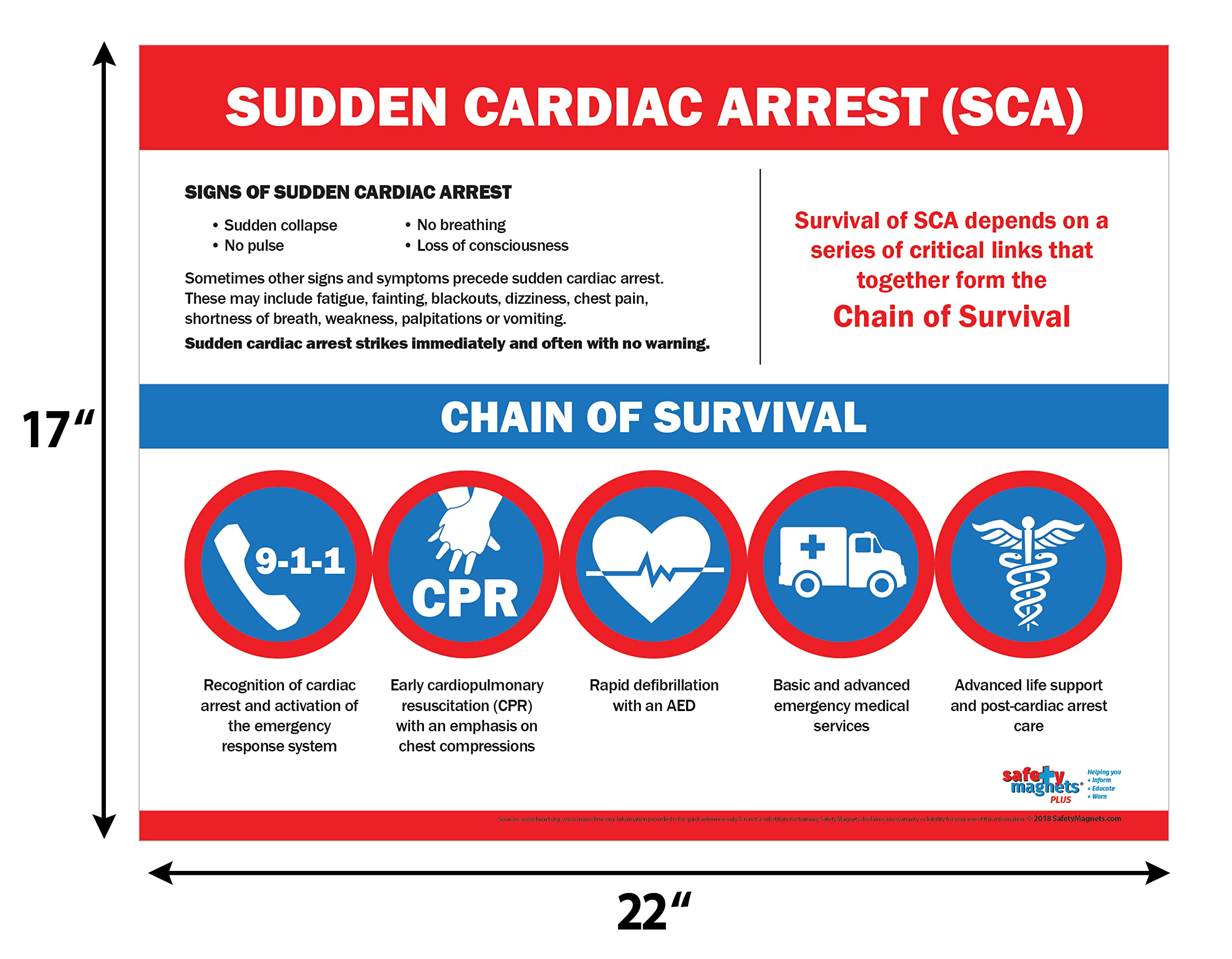 Sudden Cardiac Arrest/Chain of Survival Poster - Survival Chain Chart - First Aid Poster for Workplace - Office Safety Supplies - Laminated, 17 x 22 in. (1 Pack)