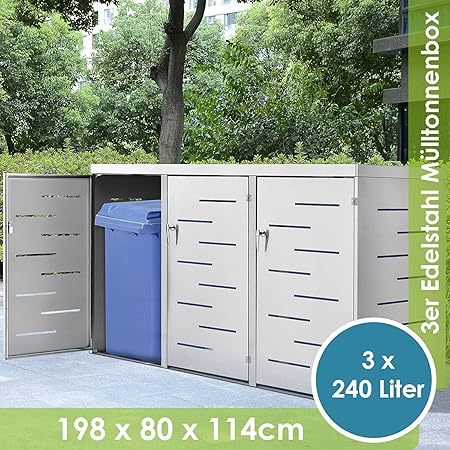Juskys Edelstahl Mülltonnenbox Arel für 3 Mülltonnen je 240 Liter I Mülltonnenverkleidung mit Schiebedach & verschließbaren T