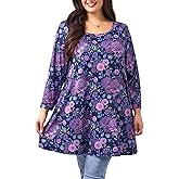 Loveliin Plus Size Tunic Tops for Women 3/4 Sleeve Loose Fit Swing Tunics Dressy Casual Floral Top to Wear with Leggings