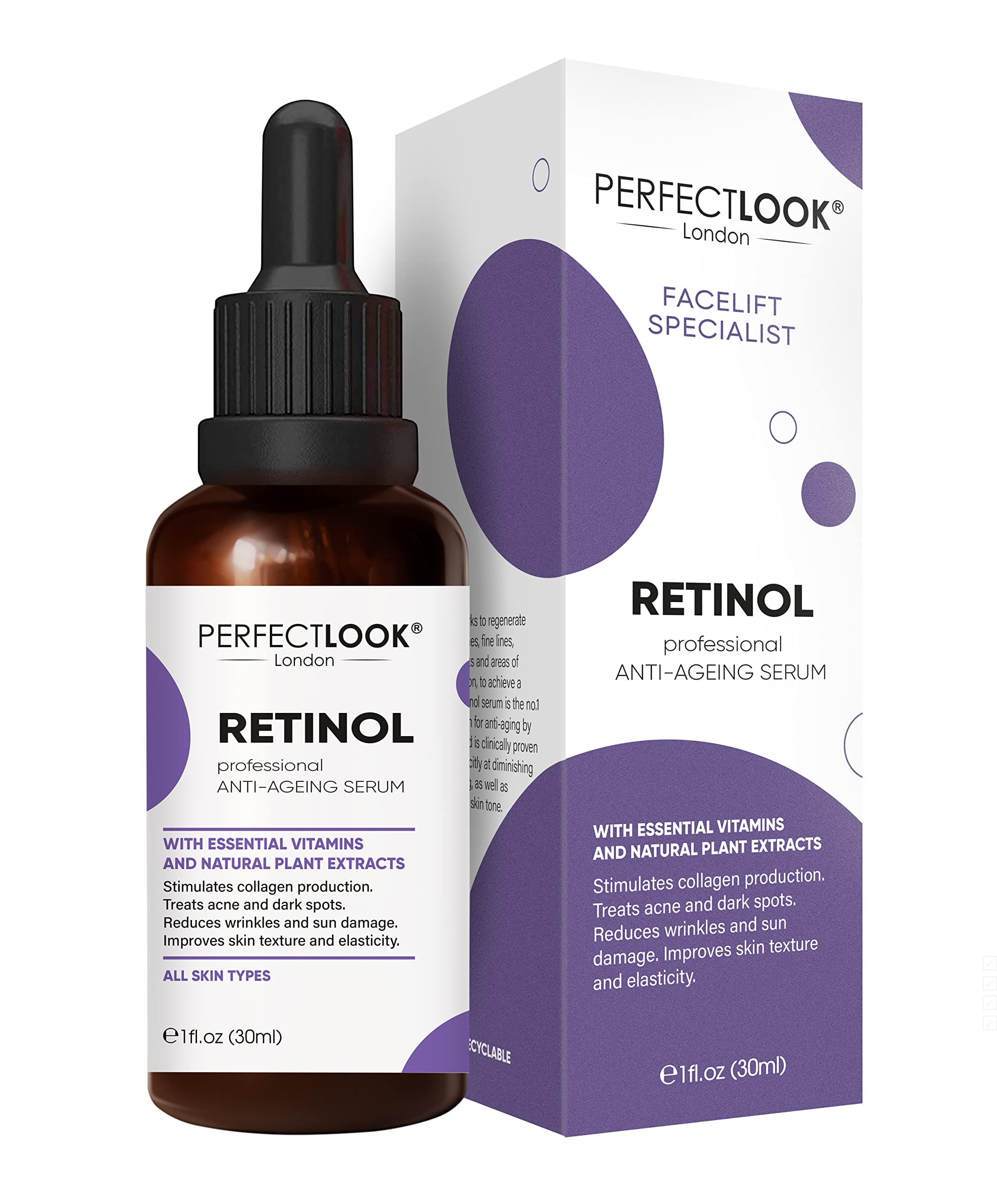 Perfect Look London Retinol Serum for face with Hyaluronic Acid, Advanced Anti Aging and Wrinkle Formula with Vitamin A/Retinoid Facelift Specialist for Reducing Wrinkles & Acne 30ml