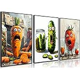 Funny Kitchen Canvas Wall Art Set of 3 Whimsical Pickle Wall Decor Pictures Cute Cool Vegetable Food Modern Aesthetic Posters Prints for Dining Room Decoration 12x16in Unframed