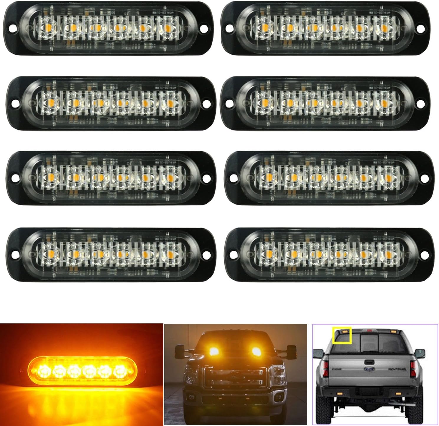 (8 Pack, Amber) LED Strobe Light, PME 6-LED High Efficient Surface Mount Emergency Warning Strobe Light Bar for Car SUV Pickup Truck Jeep