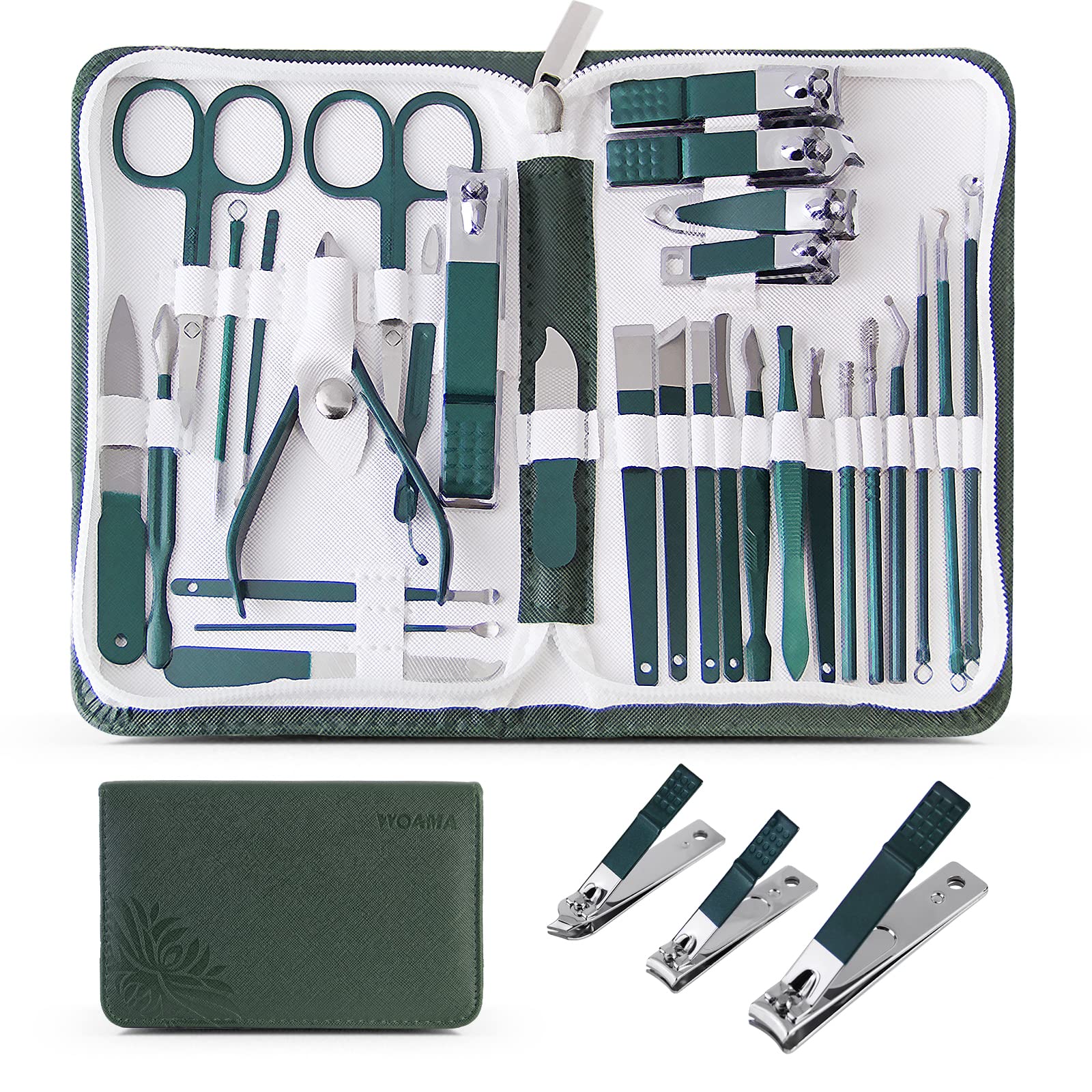 WOAMA Manicure Set Nail Clippers 30-Piece Pedicure Kit Manicure Tools Nail Manicure Kit with Green Travel Case for Home, Workplace, Gift, Beauty Salon