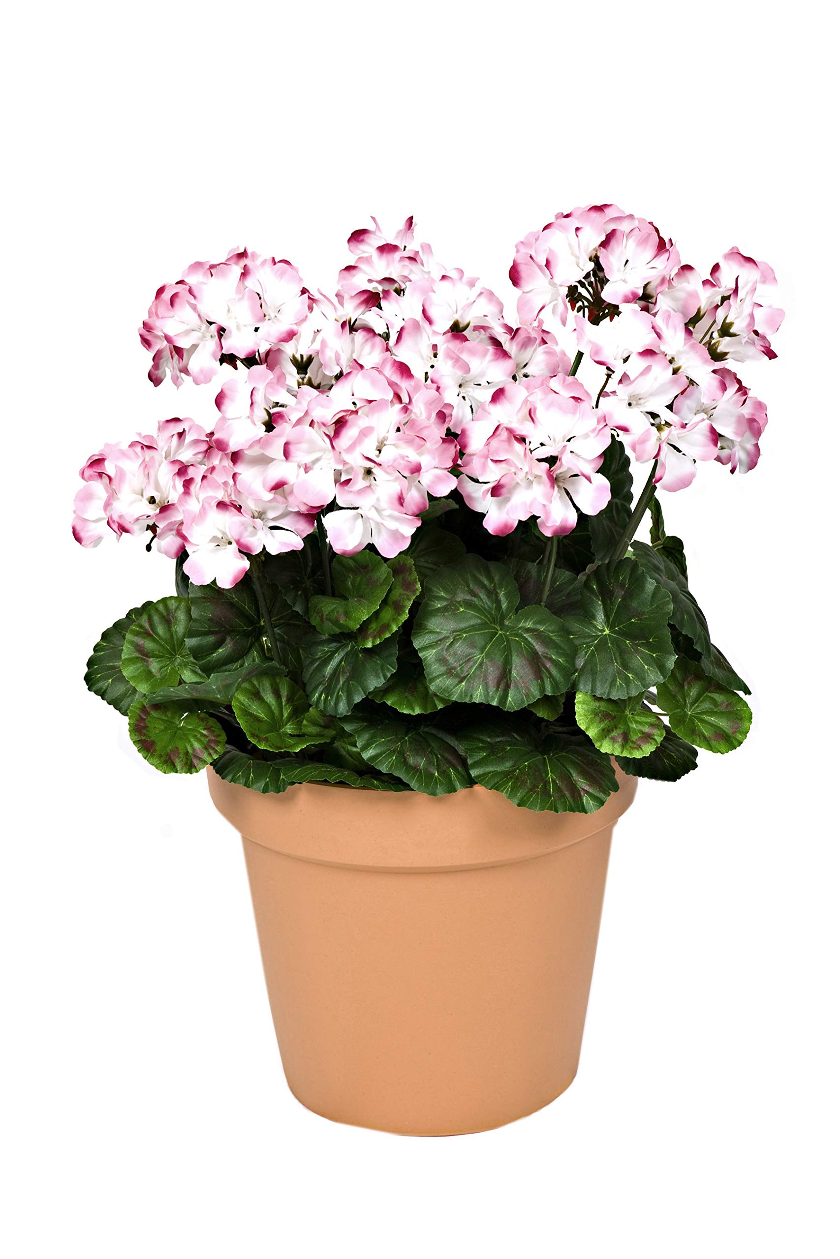 GreenBrokers Artificial Terracotta Patio Planter with Pink and White Geraniums 50cm/20in