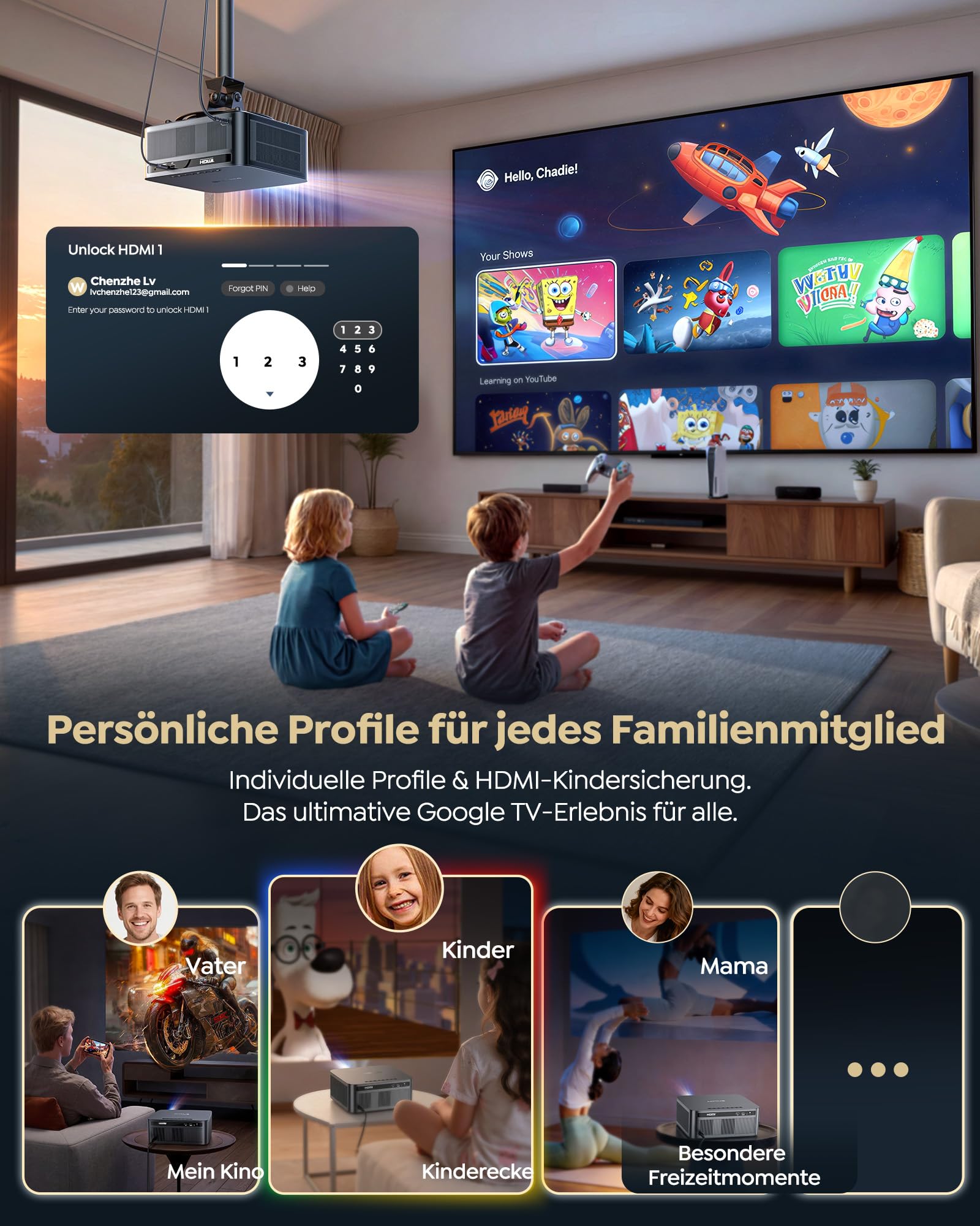 Beamer 4K mit Google TV 14.0, 2200 ANSI, MEMC, HDR10, 40W Dolby Audio, 4K Beamer Heimkino KI-Bildanpassung Smart Projektor Google Sprachsteuerung 2-Wege Bluetooth 5.4 WiFi6 2+32GB HDMI 2.1 8
