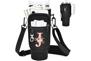 SERNAXI Initial A-Z Water Bottle Carrier Bag with Strap for Stanley 40 oz Tumbler,Water Bottle Holder Pouch with Pattern Phone Pocket for Stanley Cup Accessories Personalized for Women