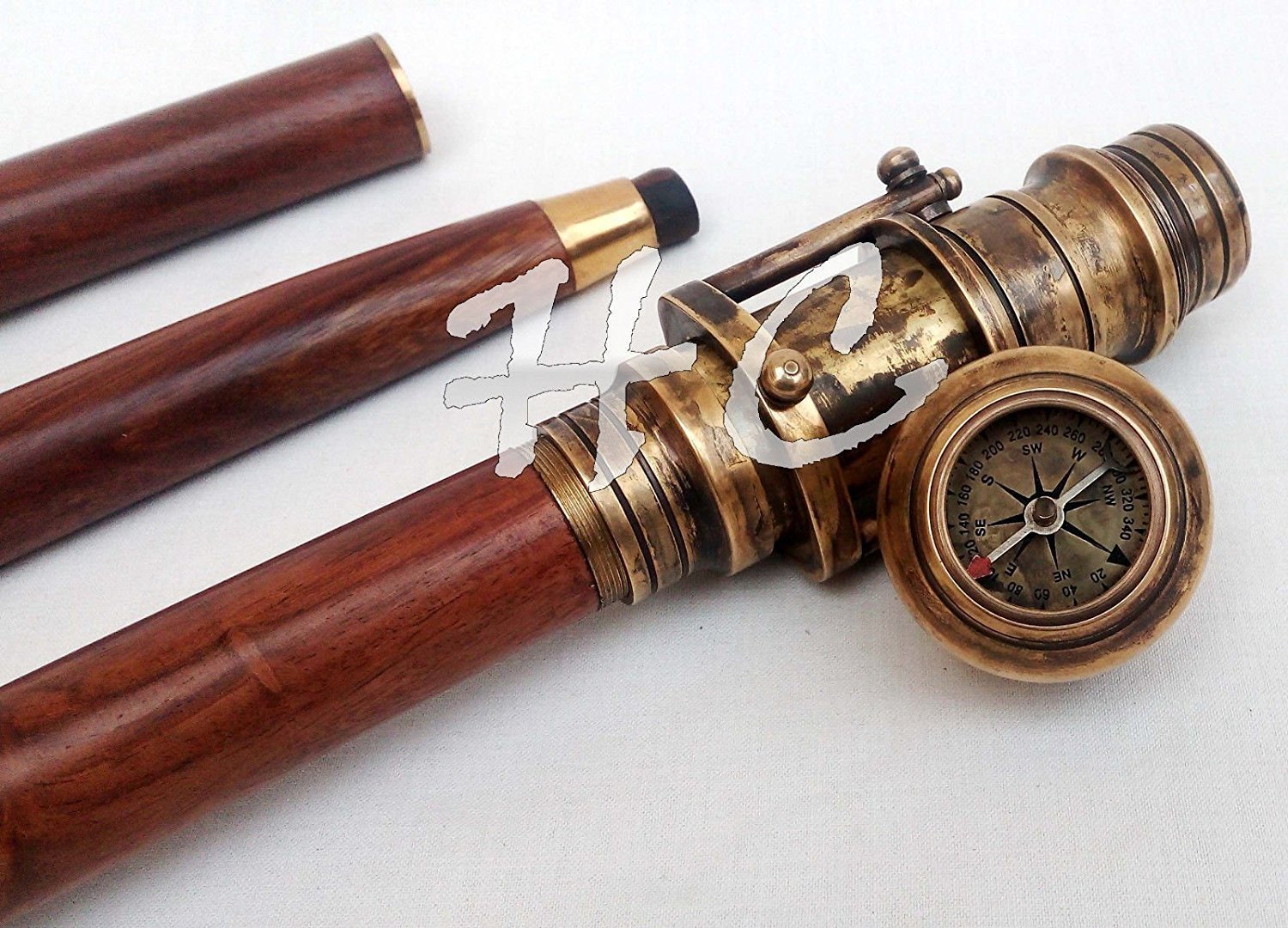 New Brass Compass Handle Walking Stick Vintage Wooden Full Length Folding Cane Antique Brass Telescope on Handle Walking Canes Accessories