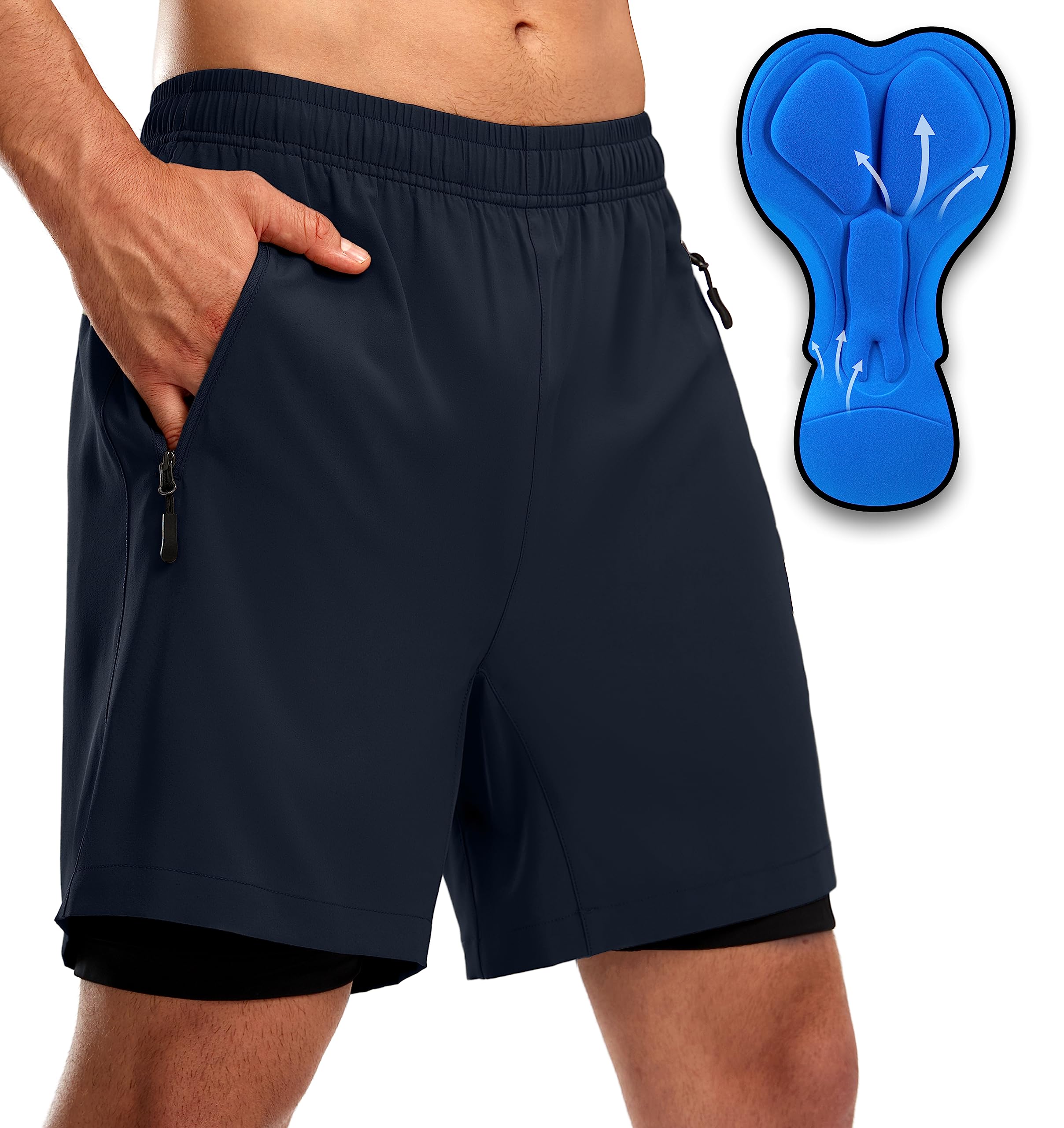 Photo 1 of (L) Men's Mountain Bike Shorts 3D Padded Loose-fit Biking Riding Cycling Bicycle Biker Cycle Padding Shorts for Men Zipper Pockets(Navy,L)