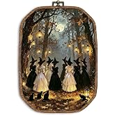 ZIKZAUDOU Vintage Halloween Witch Octagon Wall Art Framed, Spooky Witches Midnight Gathering Canvas Prints Wall Decor, Moody Witchy Whimsigoth Black Cat Hanging Decor for Living Room Bedroom, 10.2x7