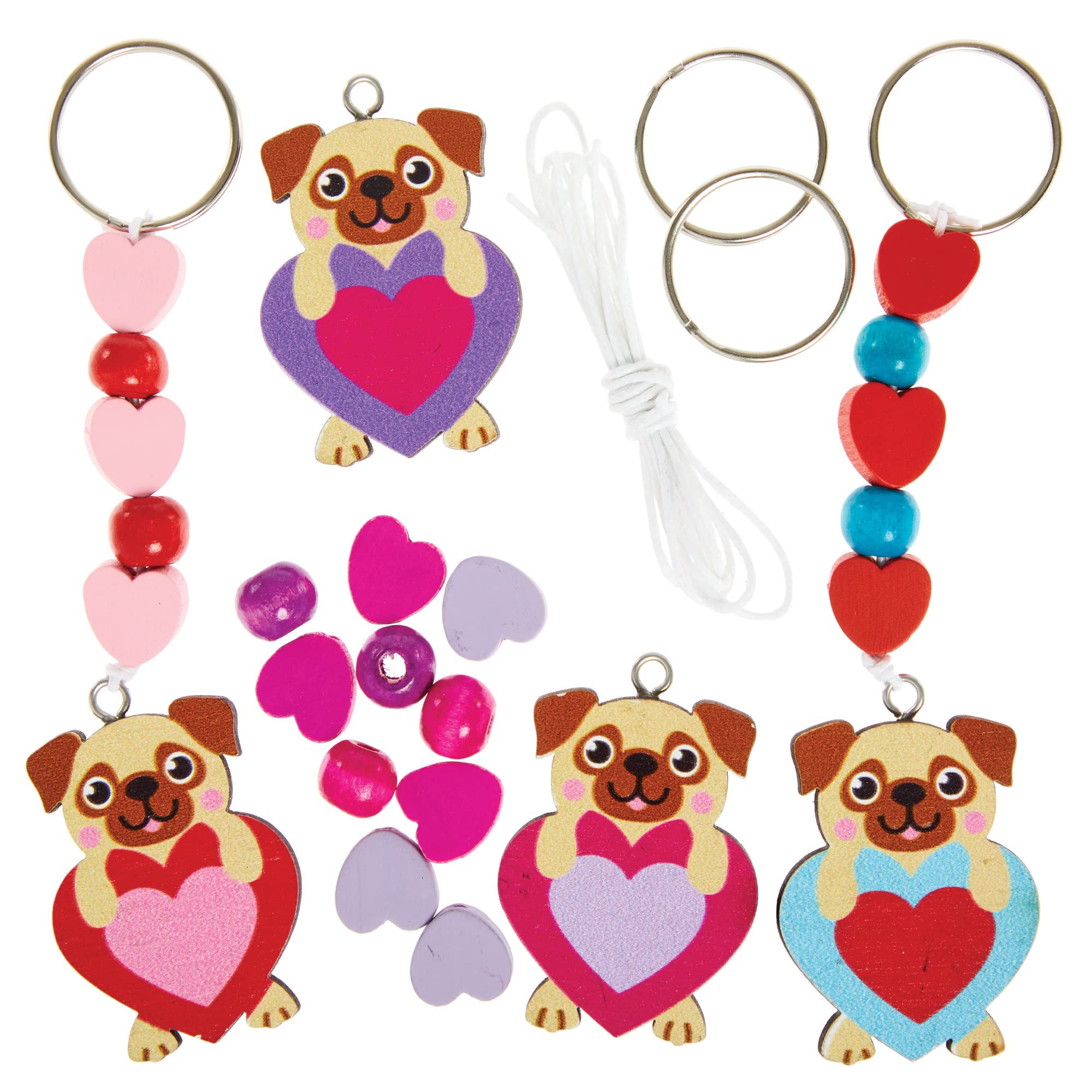 Baker Ross FX371 Love Heart Pug Keyring and Bag Dangler Kits - Pack of 4, Valentine's Day Craft Kit for Kids