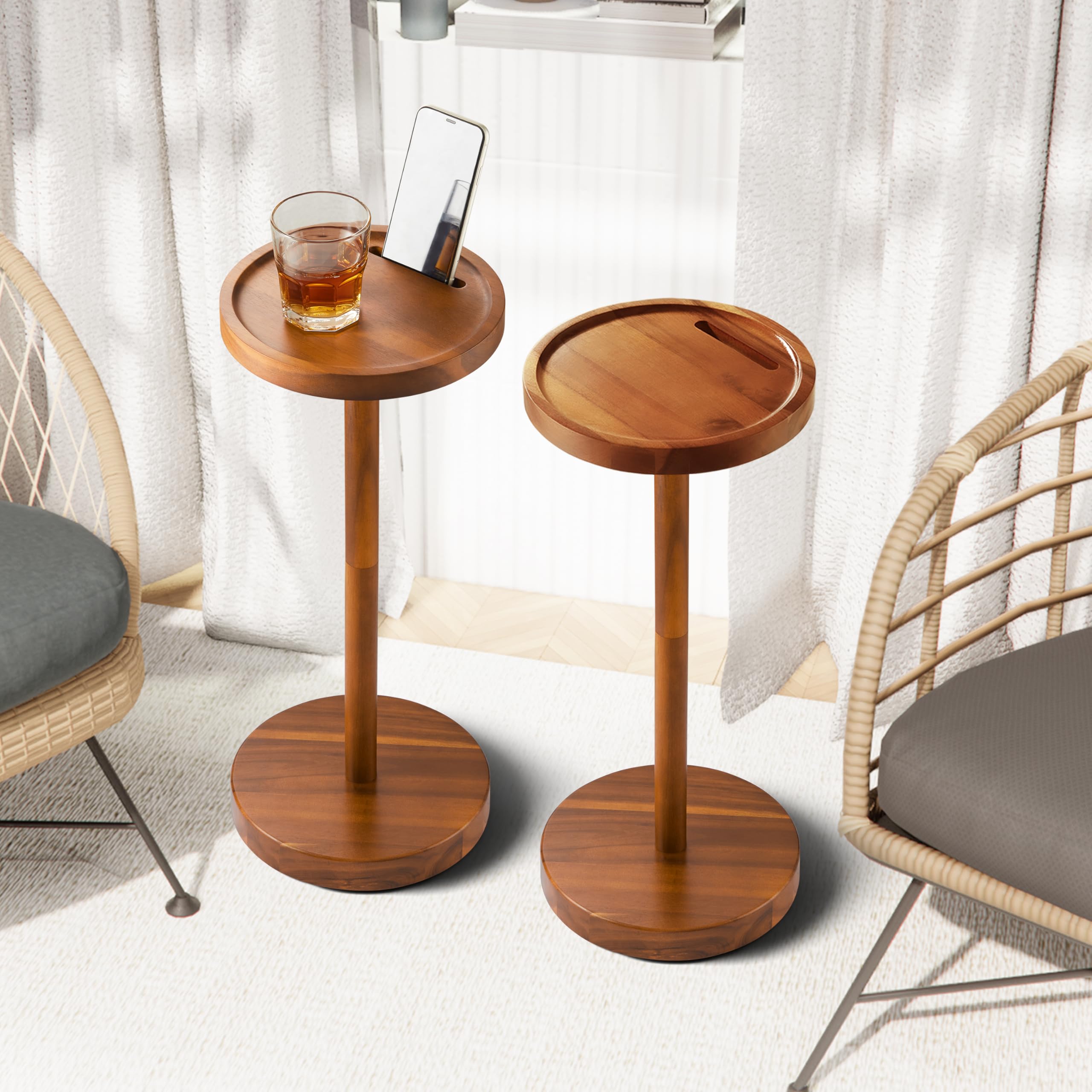 Photo 1 of BLUEWEST Pedestal Side Table (Set of 2) Acacia Weighted Base Drink Table, Small Round Side Table for Small Spaces with Phone Holder, Martini and Cocktail Pedestal End Table, Mini Pedestal Table