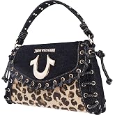 True Religion Denim Eyelet Trim Flap Bag | Studded Lace-Up Crossbody Shoulder Handbag with Horseshoe Logo, Leopard