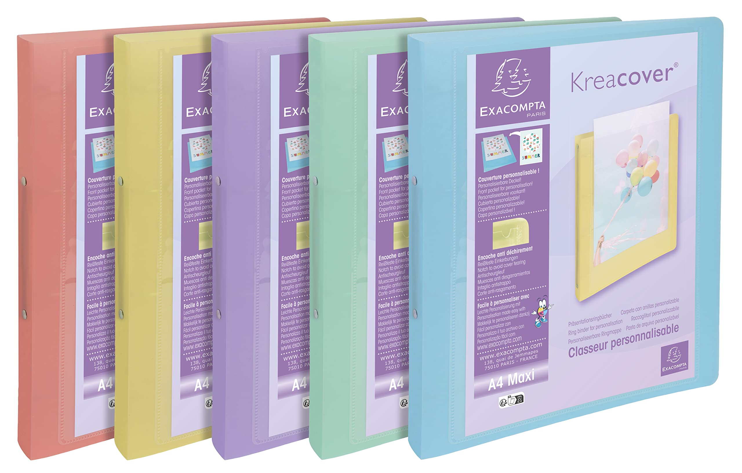 Exacompta - Ref. 54779E - 1 Set of 5 Kreacover Pastel Semi-Rigid Binders in Translucent Polypropylene - 2 Rings Diam 30 mm - Outer Size 32 x 26.8 cm