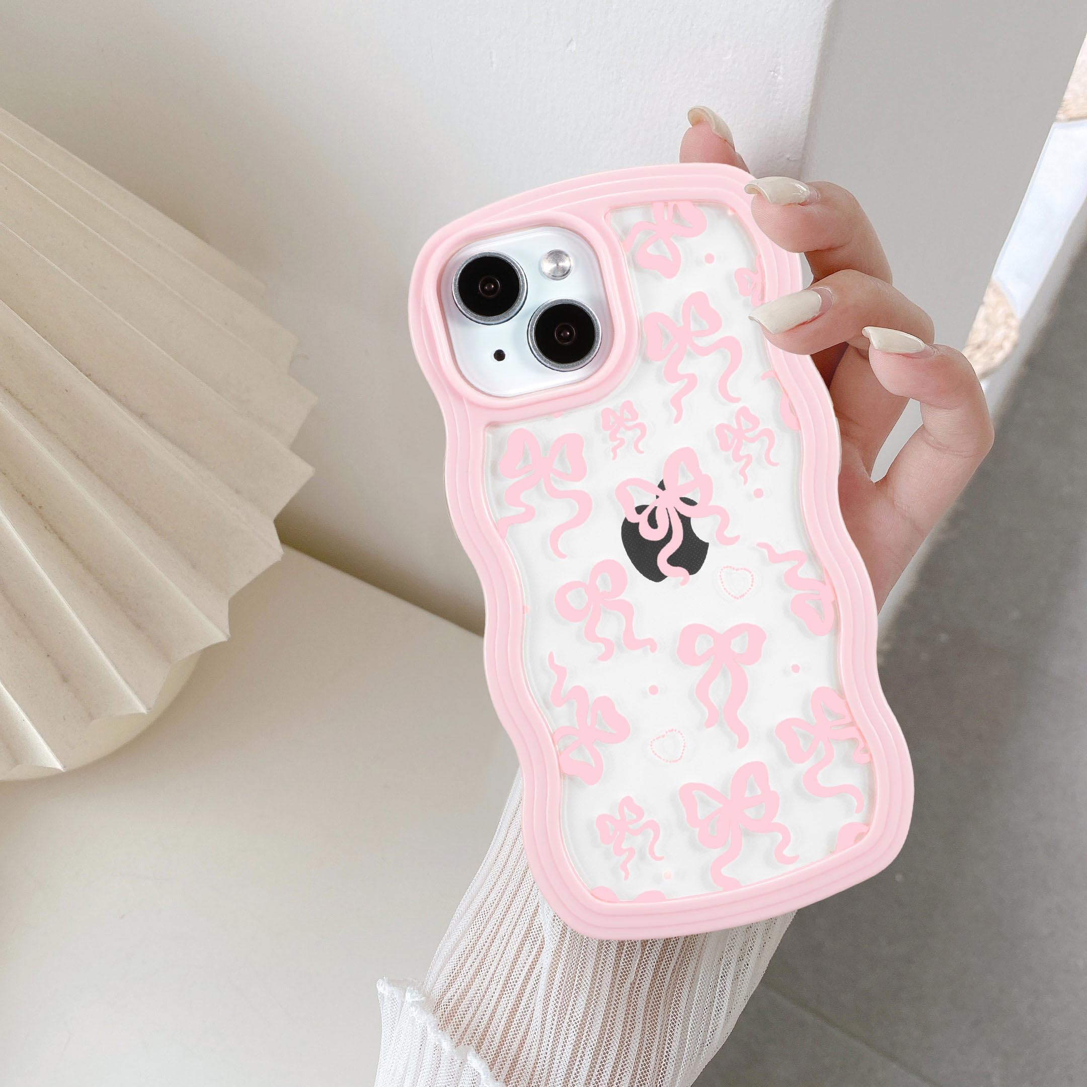 QLTYPRI for iPhone 13 Case/iPhone 14 Case, Cute Bowknot Pattern Aesthetic Design Clear Phone Case for Girls Women, Curly Wave Frame Slim Soft Transparent Shockproof Protective Phone Cover - Pink — image 1