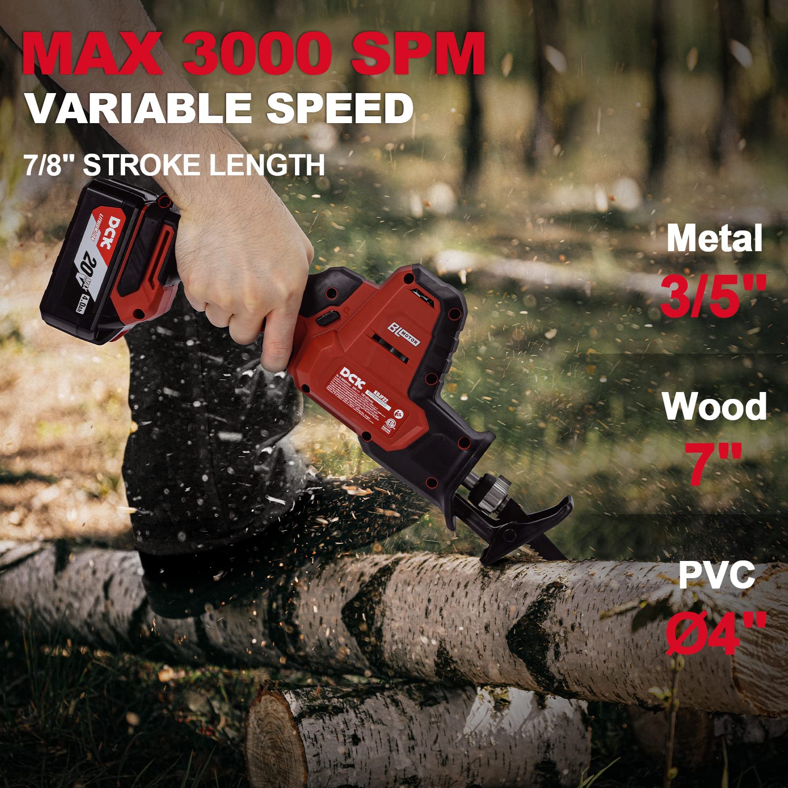 DCK Brushless Reciprocating Saw, 20V MAX Cordless Reciprocating Saw, 0-3000 SPM Variable Speeds, with 4.0Ah Battery & 2A Charger, LED Light, One Hand Saw Kit, 4 Blades Saw for Wood/Metal/PVC