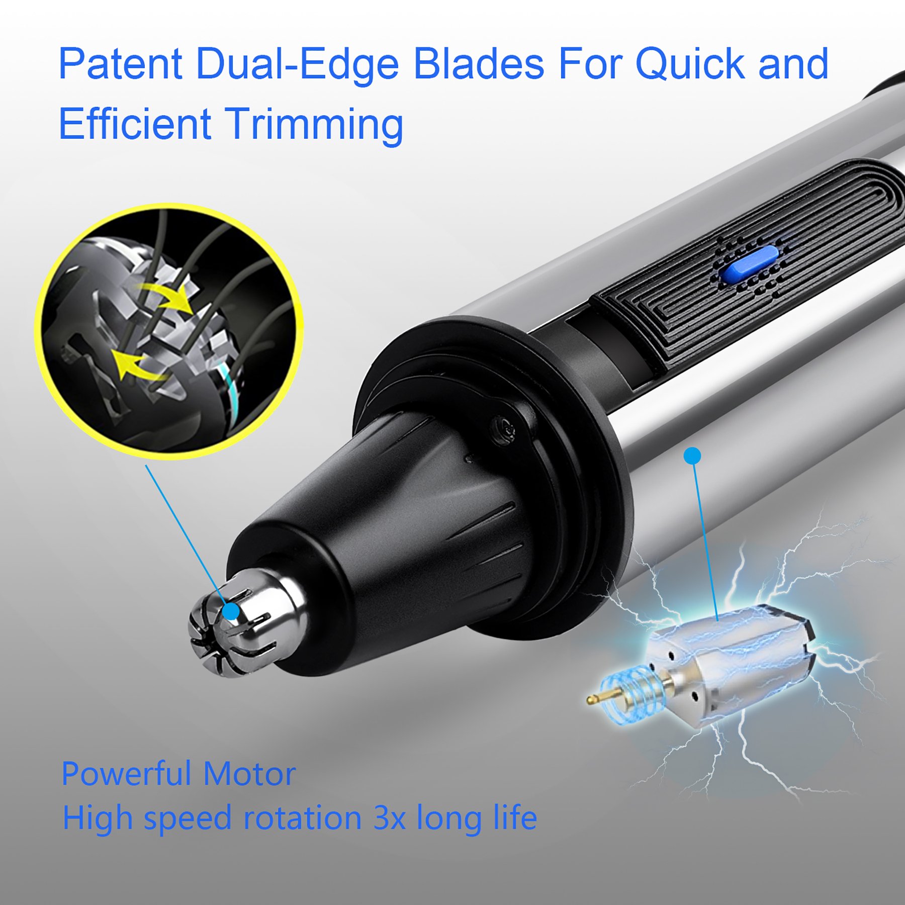 Nose Hair Trimmer, Ciwellu 3 in 1 Water Resistant Stainless Steel Nose Clipper Beard and Eyebrow Trimmer with LED Light, Battery-Operated, Silver