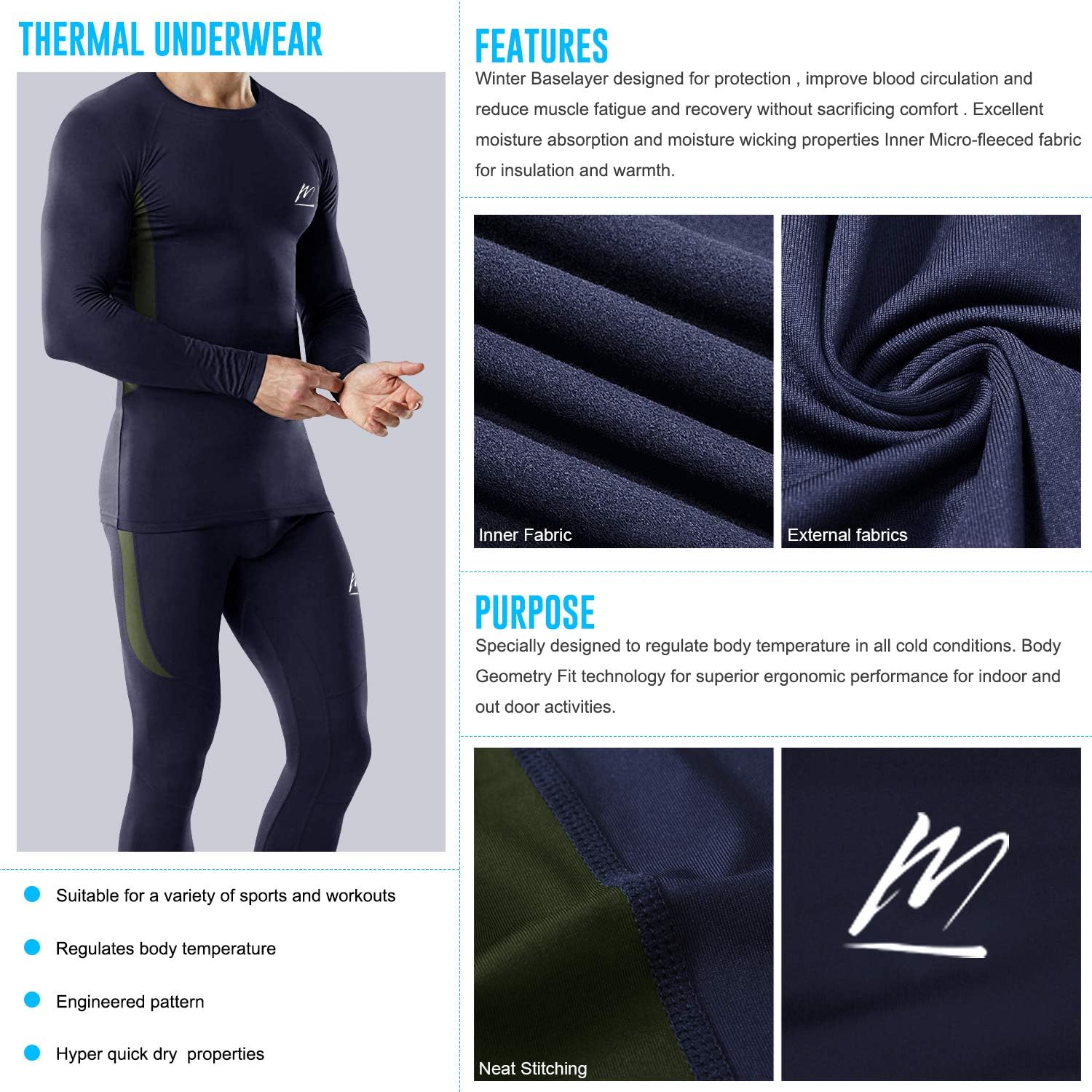 Meethoo Mens Thermal Underwear Compression Base Layer Set Fleece Lined Long Johns Winter Gear For Running Skiing
