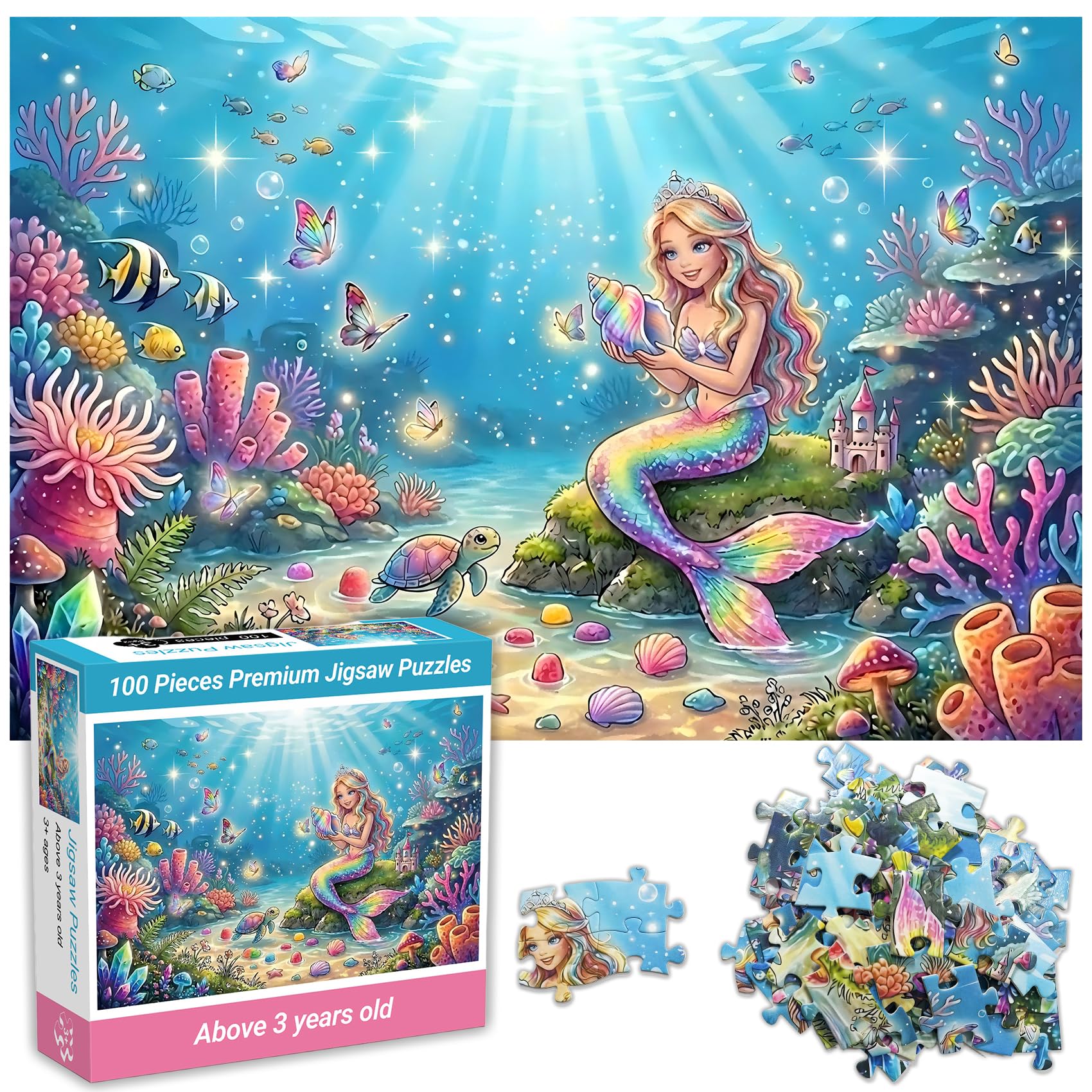 NeveSono 100-Piece Mermaid Puzzle for Kids Ages 4-6-8 Underwater Themed Jigsaw Puzzle for Boys & Girls Ages 8-10– Fun Learning Educational Puzzle for Adults Toddler Children Puzzles Toys Gifts