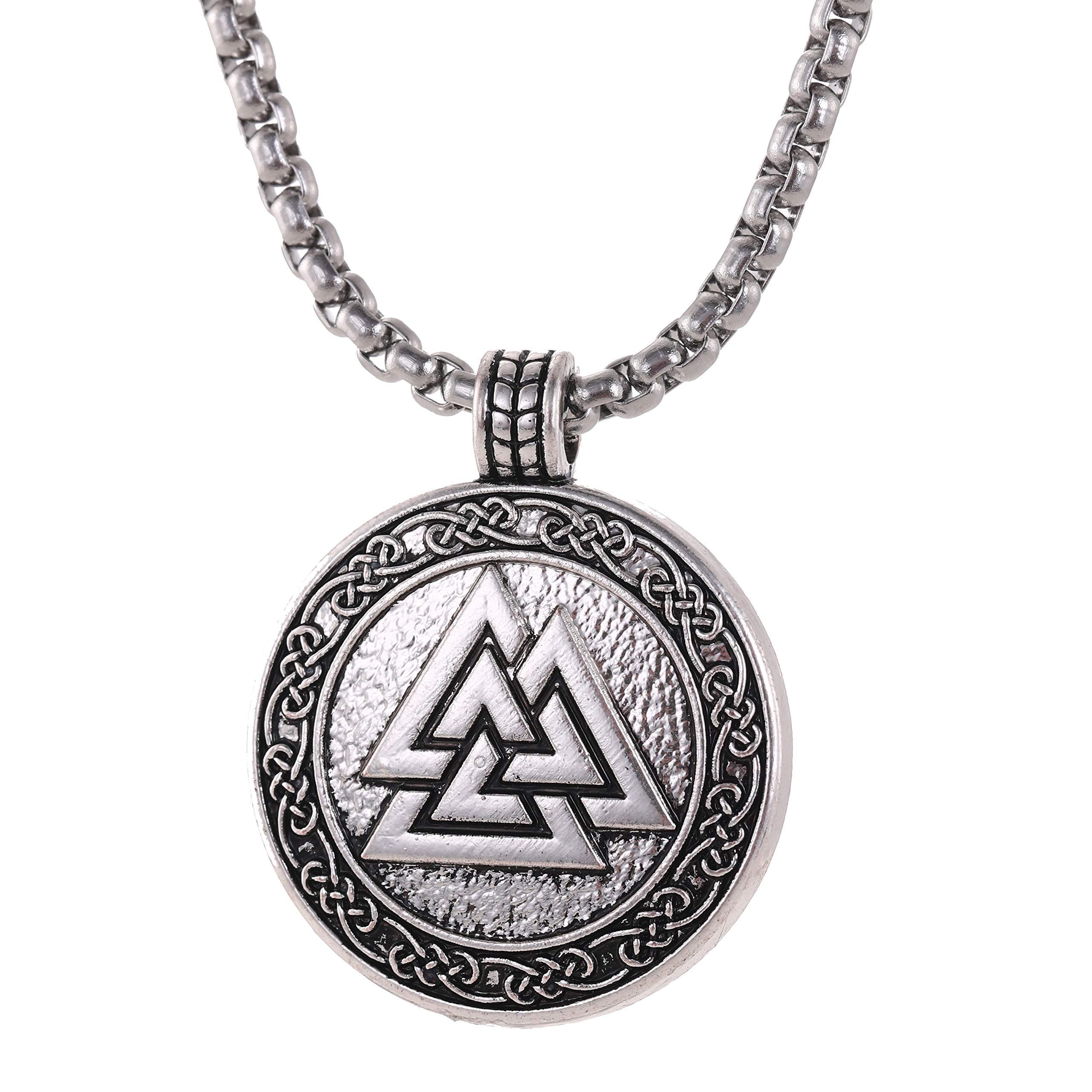 TEAMER Odin Pendant Necklace Celtic Knot Antique Silver Viking Nordic Valknut Talisman Amulet Jewelry Stainless Steel Square Long Chain for Men Boy
