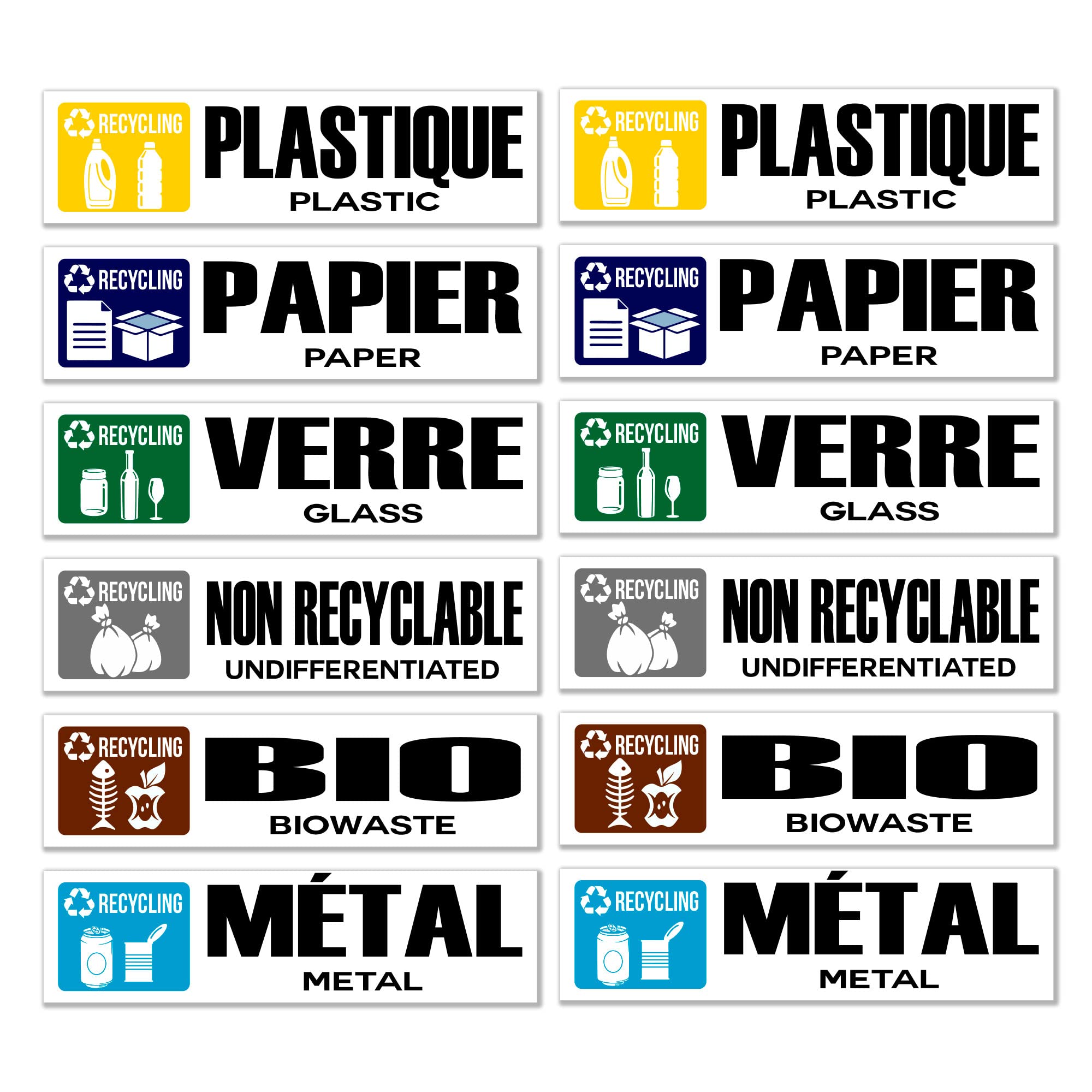 GamesMonkey® - Recycling Waste Recycling Stickers - FR - v1 - Washable Raincoats Illustrated - French English - Glossy Vinyl DH (15x4cm, 12 Pieces)