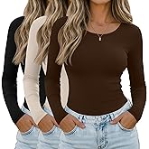 Riyiper 3 Pack Women's Long Sleeve Shirts Scoop Neck Tight Slim Fit Tops Casual Stretchy Basic Tee Layer Undershirts