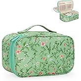 Relavel Small Makeup Bag, Travel Floral Cosmetic Bag with Makeup Brush Compartment, Portable Makeup Pouch for Women, Double Layer Makeup Organizer Bag Cute Toiletry Bag, Green Floral