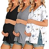 Ekouaer 3 Packs Women's Maternity Shirts V Neck Pregnancy Tops Short Sleeve Casual Workout Tees Side Split Mama Clothes