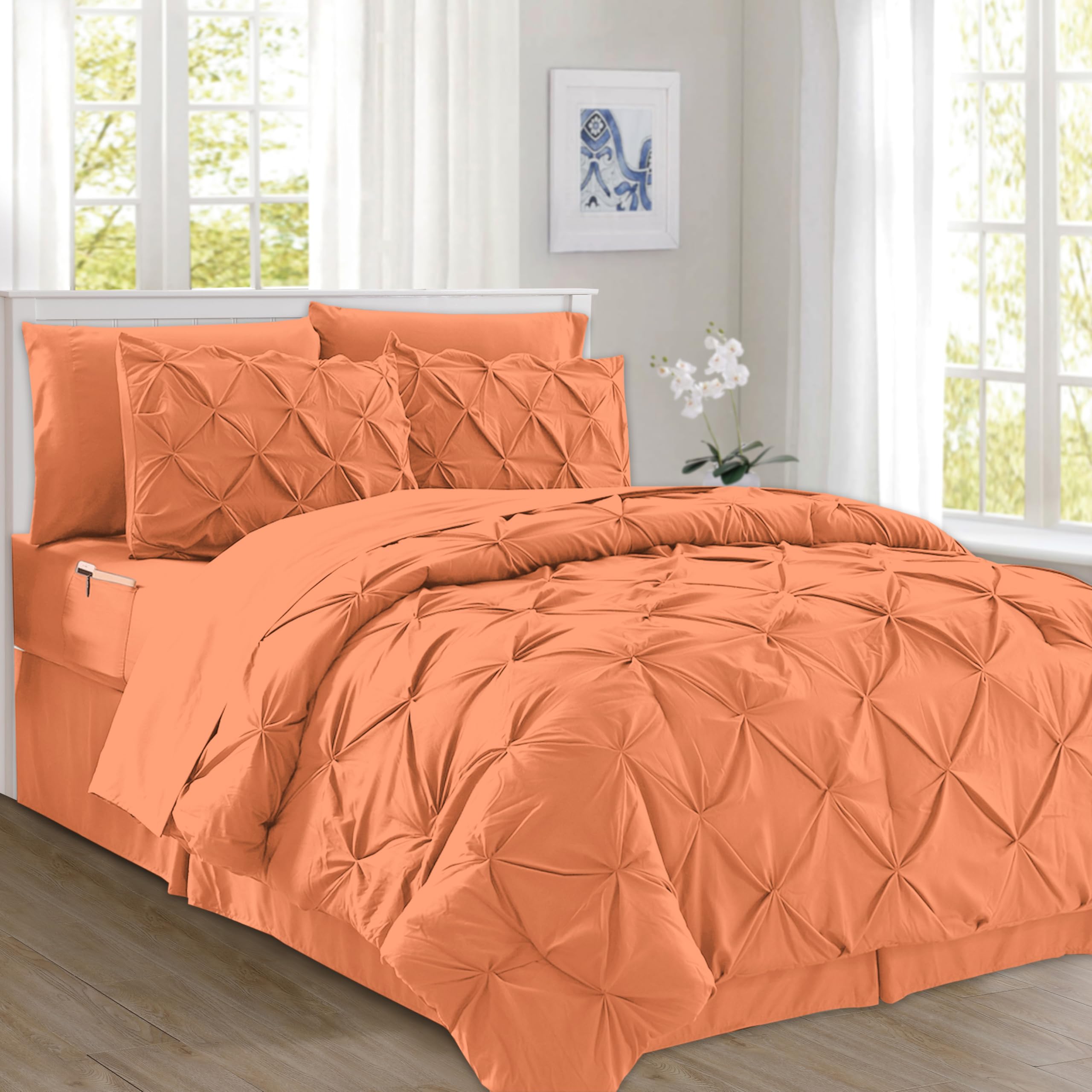 Elegant Comfort 8-Piece Pinch Pleated Comforter Set - All Season Complete Bed in a Bag, Includes 4pc Smart Sheet Set, Bed Skirt, Comforter, Matching Pillowcases and Shams, Twin/Twin XL, Coral Image
