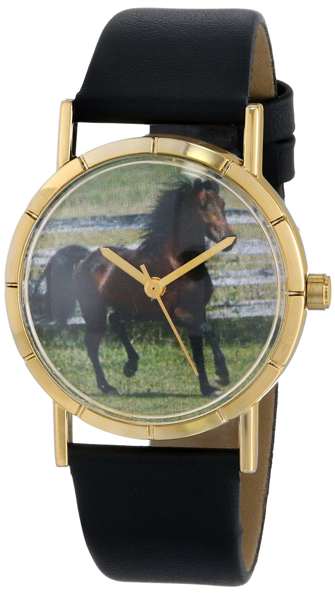 Whimsical Watches Morgan Horse Black Leather and Goldtone Photo Unisex Quartz Watch with White Dial Analogue Display and Multicolour Leather Strap P-0110029
