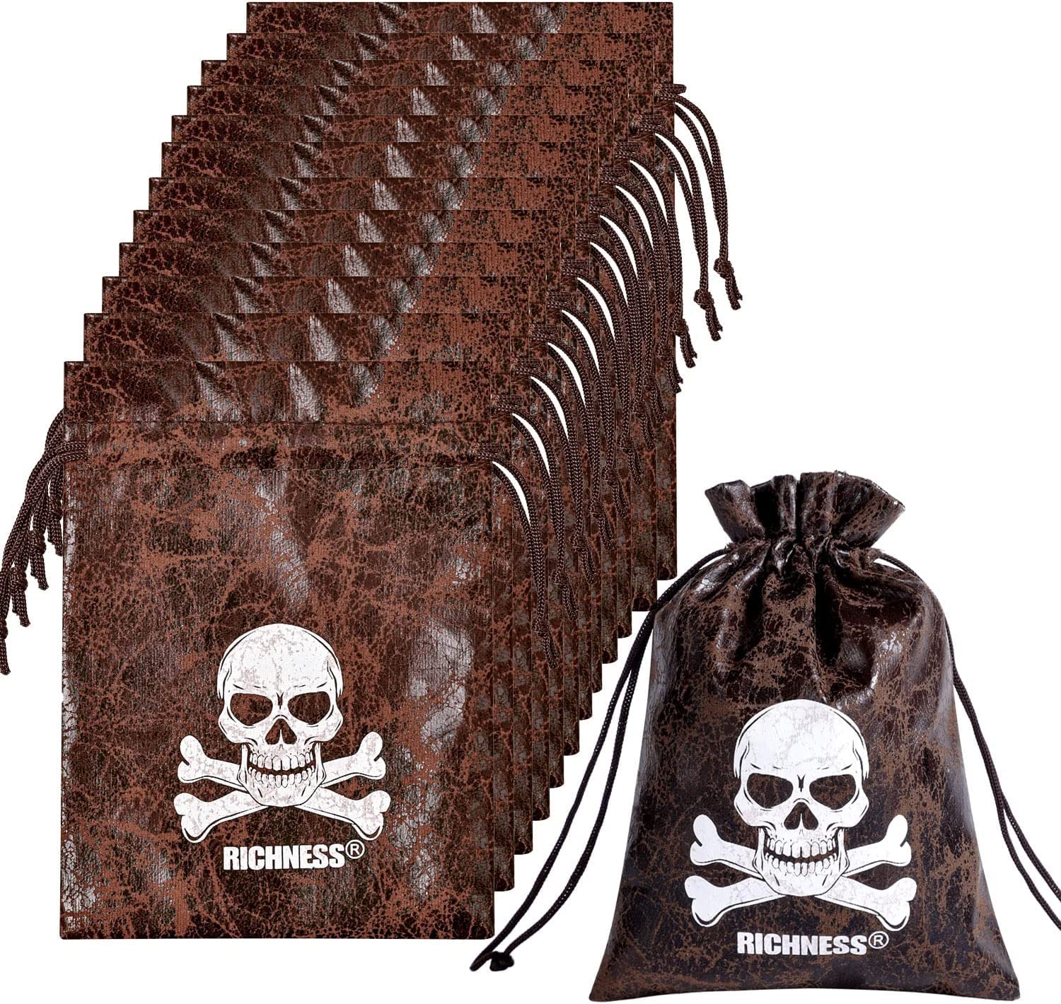 RICHNESS Pirate Loot Bags Pirate Bags with Drawstring 4.5 x 6.5 Inches Faux Cow Skin Pirate Goodie Bags for Pirate Party Favors Pack of 12 (ELX2201)