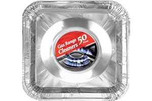 SPARE ESSENTIALS Disposable Gas Burner Liners 50 Pack, Aluminum Foil Square Stove Covers, Range Protectors, Stove Top Foil Covers for Gas Burners, Catch Food Spills, Aluminum Stove Burner Cover, Foil Liner 8.5x8.5 In