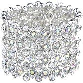 Alilang Wedding Prom Aurora Borealis Color Crystal Rhinestone Stretch Wide Open Cuff Bangle Bracelet